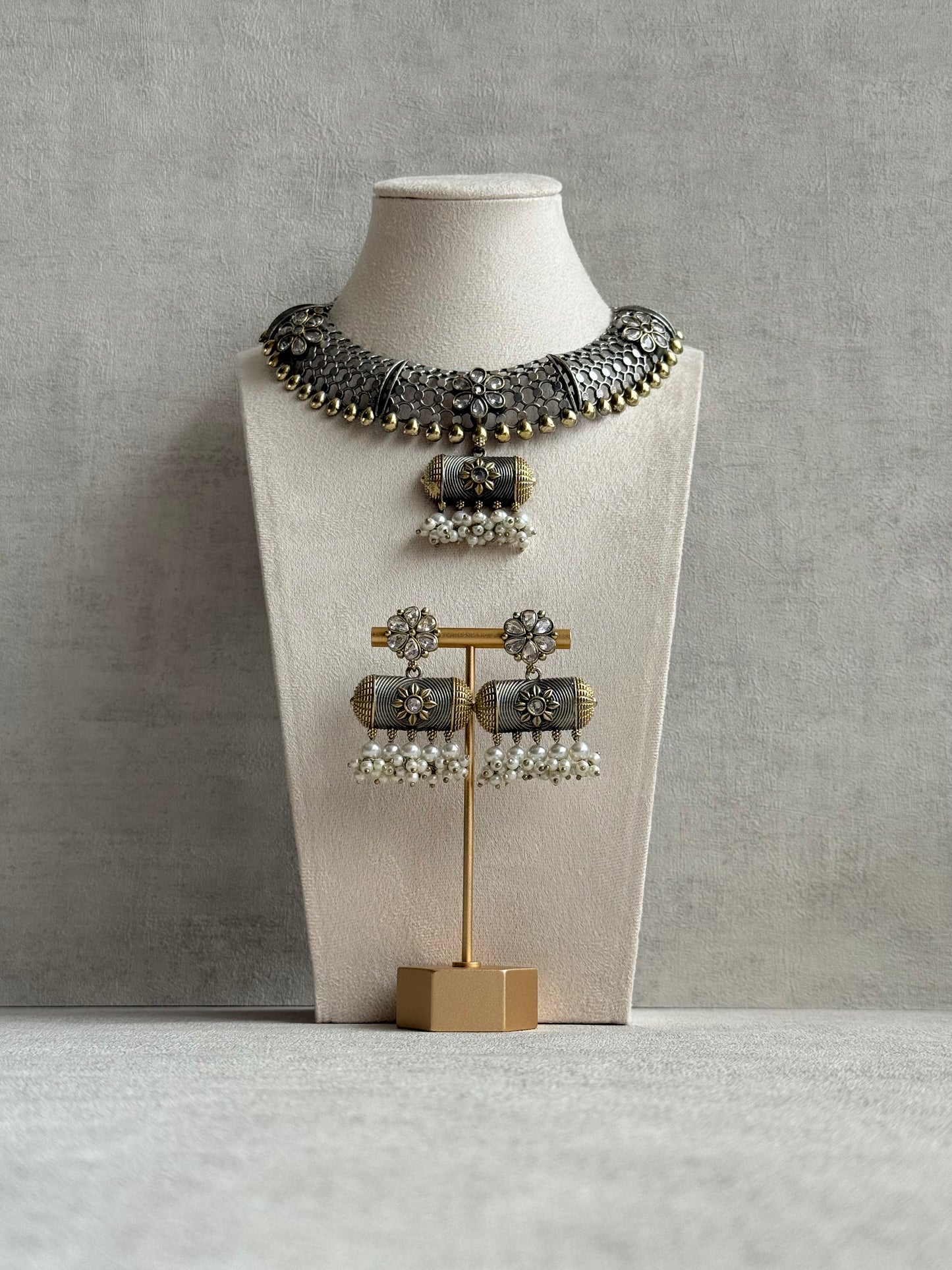 Ayura Designs Taal Necklace Set with Earrings & Tikka – Dual Tone Oxidised Mesh Necklace with Barrel Motifs & Pearl Detailing