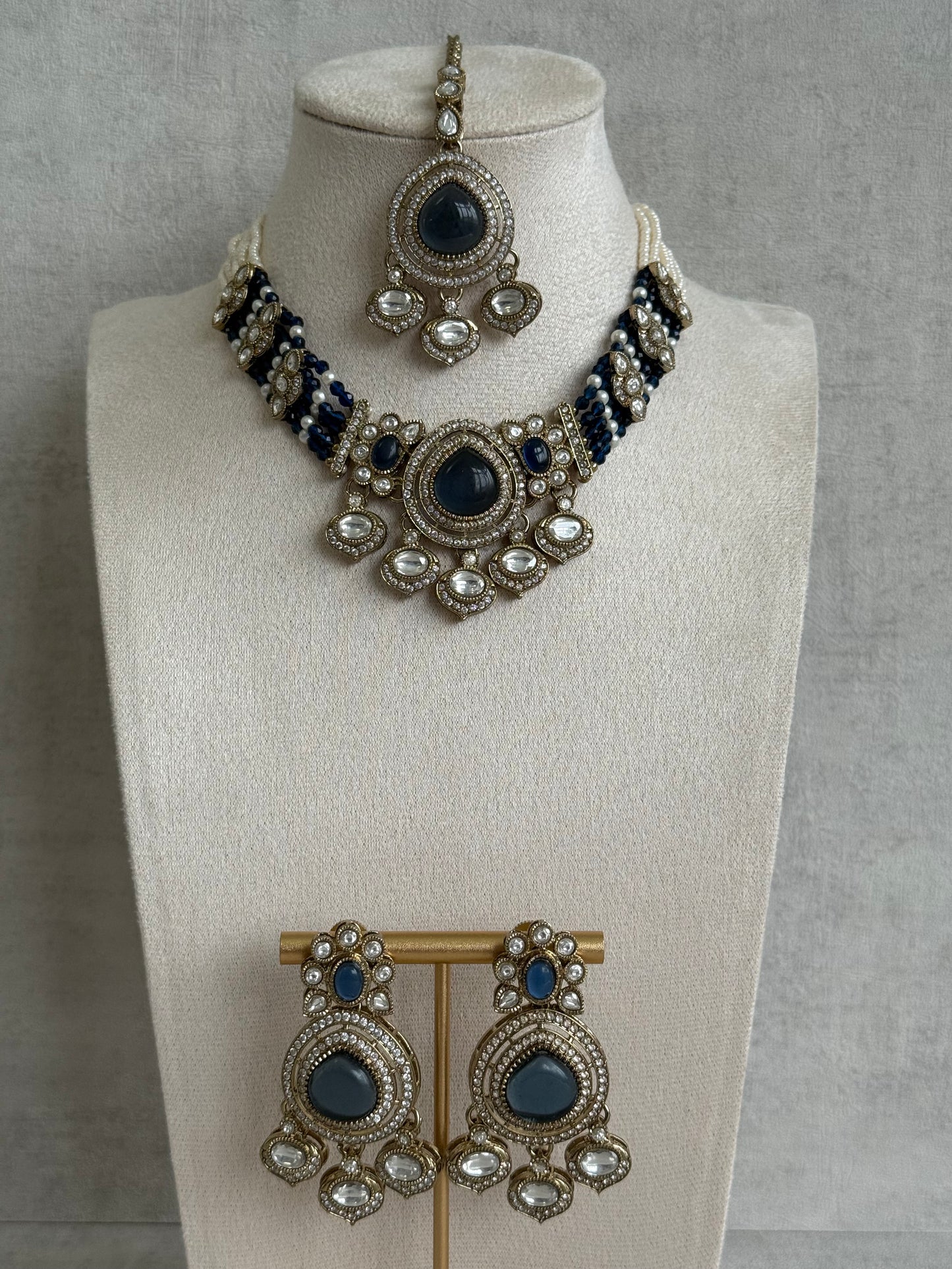 Ayura Designs Rahi Necklace Set with Earrings & Tikka – Ink Blue Stones with Mirror-Cut Detailing & Pearl Strands