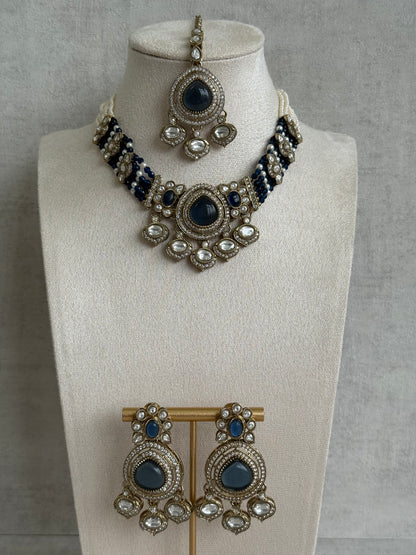 Ayura Designs Rahi Necklace Set with Earrings & Tikka – Ink Blue Stones with Mirror-Cut Detailing & Pearl Strands