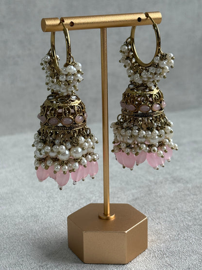 Ayura Designs Jugni Jhumkis – Antique Gold Balis with Blush Pink Beads & Pearl Clusters