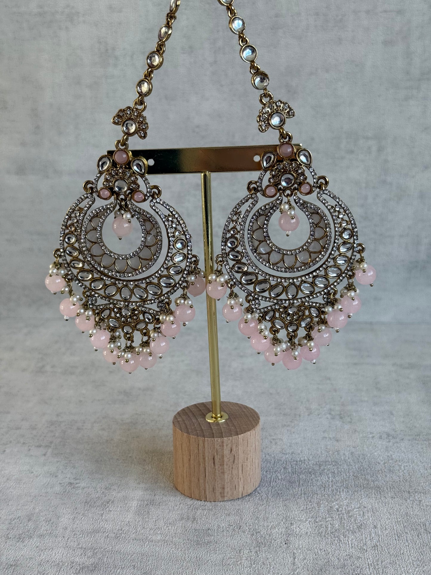 Ayura Designs Rabia Chandbalis – Antique Gold Kundan Earrings with Blush Pink Beads, Pearls & Attached Sahare