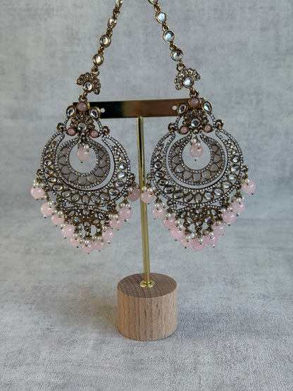 Ayura Designs Rabia Chandbalis – Antique Gold Kundan Earrings with Blush Pink Beads, Pearls & Attached Sahare