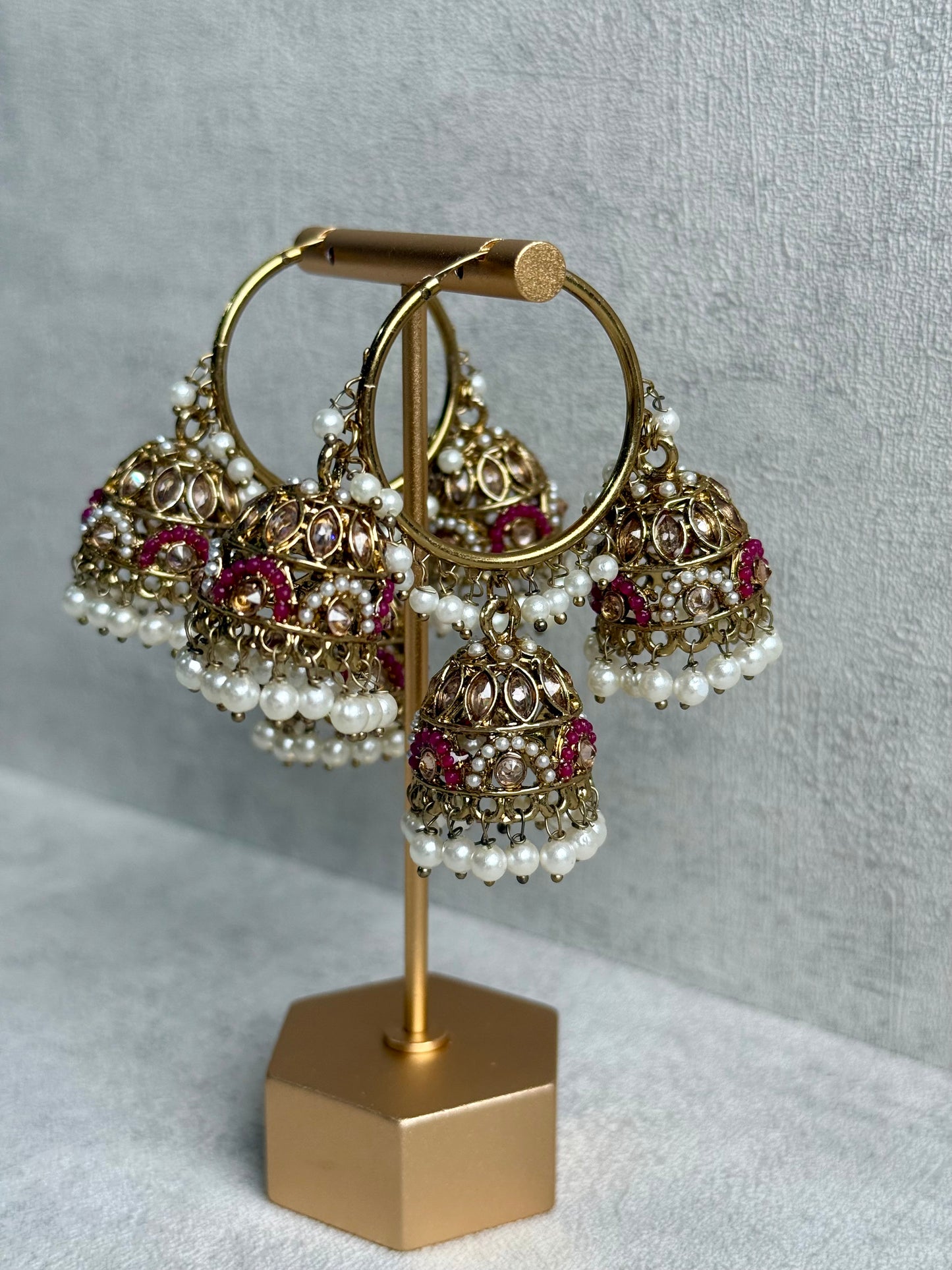 Ayura Designs Nakhra Balis – Aqua Blue Triple Dome Earrings with Mirror-Cut Stones & Pearl Detailing