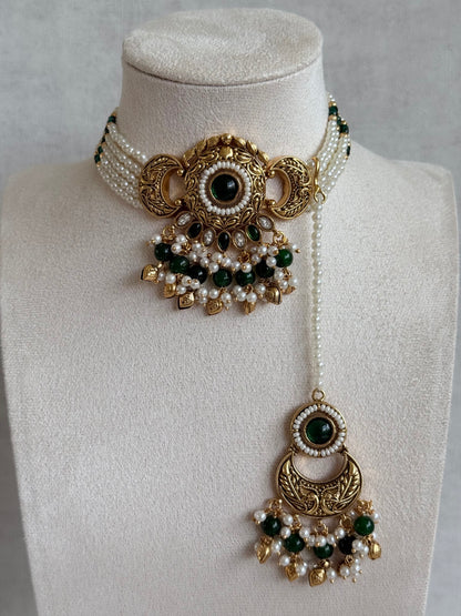 Ayura Designs Mehr Choker Set with Earrings & Tikka – Emerald Green Stones, Pearl Beads, Pearl Strands & Antique Gold Finish
