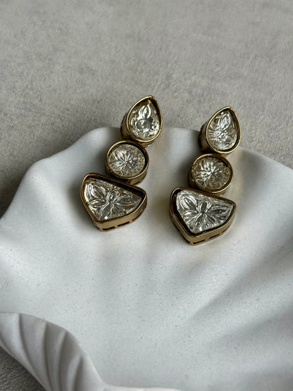 Ayura Designs Zella Earrings – Carved Crystal with Gold Frame Detailing