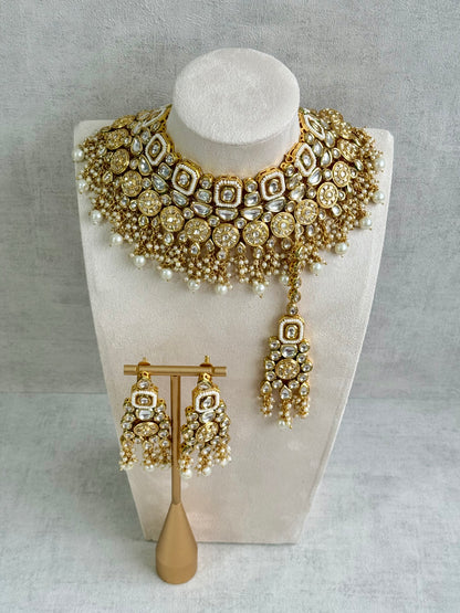 Ayura Designs Suhana Bridal Set with Necklace, Earrings & Tikka – Kundan Stones with Pearl Detailing in Antique Gold Finish