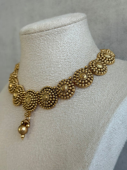 Ayura Designs Reet Set with Necklace & Jhumkis – Antique Gold with Textured Floral Motifs & Dome Drops