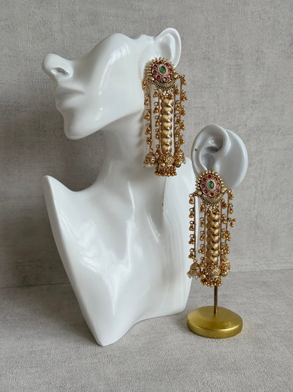 Ayura Designs Ishya Jhumkis – Gold Ghungroo Chain Earrings with Ruby Pink & Green Kundan