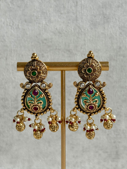 Ayura Designs Divya Set – Antique Gold Choker with Green Meenakari, Ruby Stones & Pearl Detailing