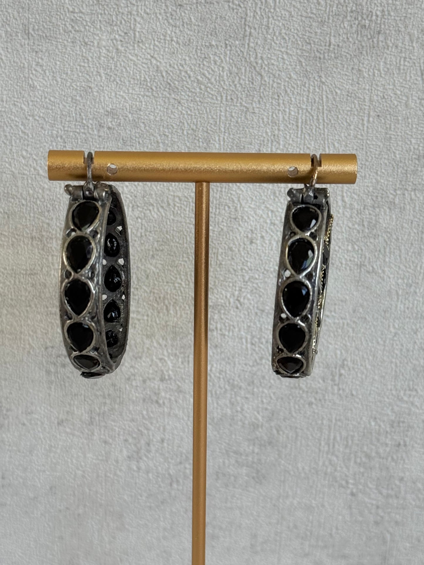 Ayura Designs Nureh Earrings – Dual Tone Floral Hoop Earrings with Black Stones & Cutwork Detailing