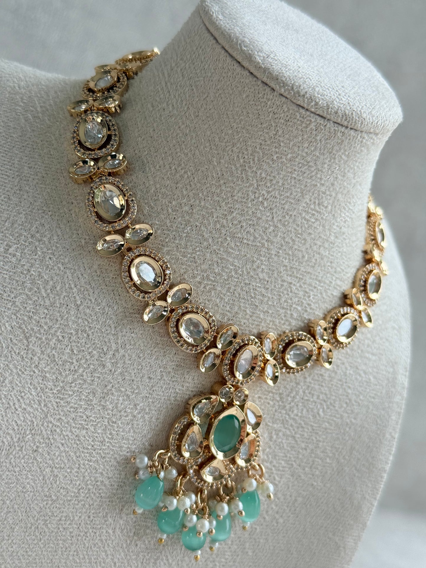 Ayura Designs Edina Necklace Set with Earrings – Kundan, Mint Green Stones & Pearl Detailing