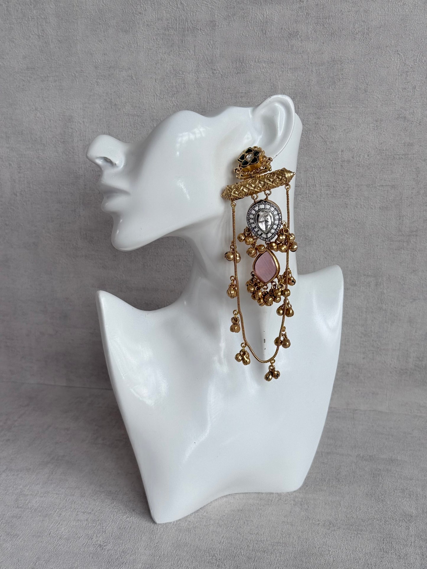 Ayura Designs Rouf Earrings – Kashmiri Earrings with Blush Pink Stone, Crystal Detailing & Ghungroo Accents