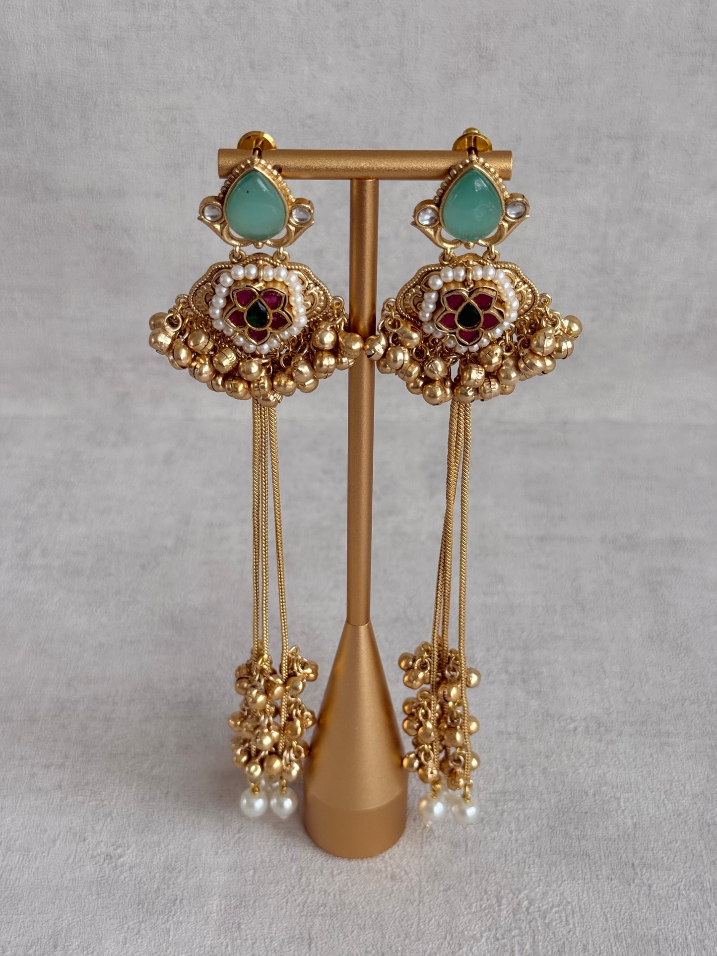Ayura Designs Nishat Earrings – Kashmiri Duster Earrings with Mint Green Stones, Pearl Drops & Ghungroo Detailing