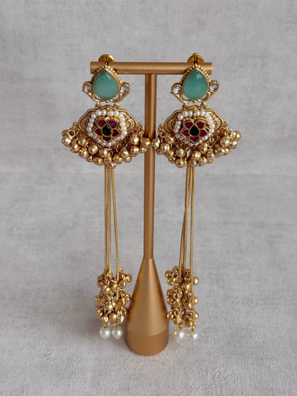 Ayura Designs Nishat Earrings – Kashmiri Duster Earrings with Mint Green Stones, Pearl Drops & Ghungroo Detailing