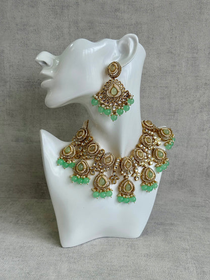 Ayura Designs Janvi Set with Necklace, Earrings & Tikka – Kundan Detailing, Mint Green Beads & Pearls Drops