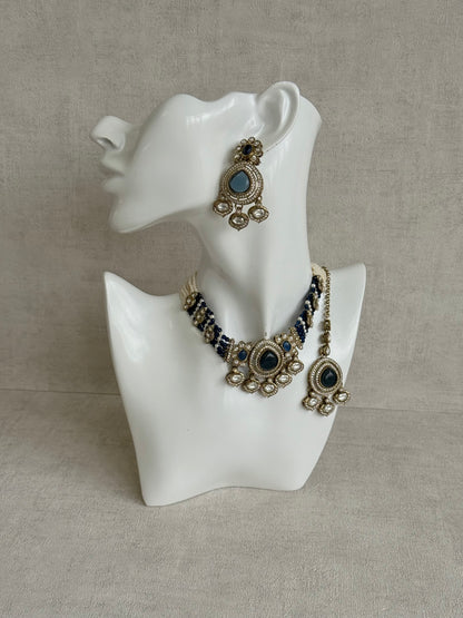 Ayura Designs Rahi Necklace Set with Earrings & Tikka – Ink Blue Stones with Mirror-Cut Detailing & Pearl Strands
