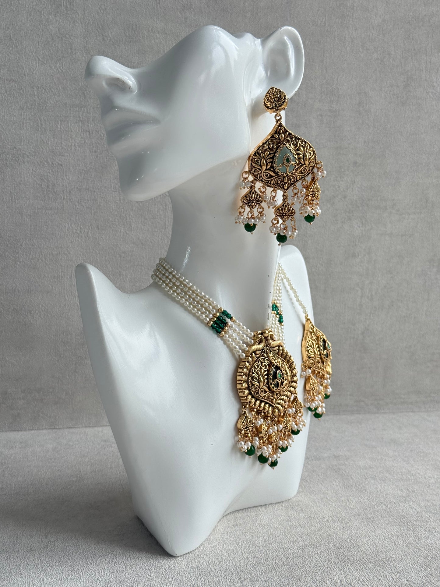 Ayura Designs Afia Necklace Set with Earrings & Tikka – Antique Gold, Emerald Green Beads, Green Centre Stone & Peacock Motifs