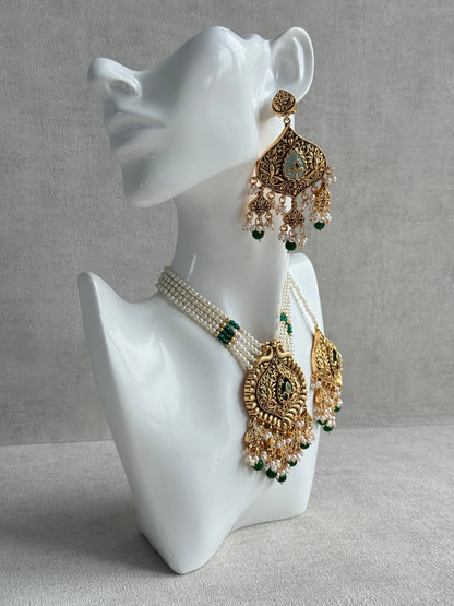 Ayura Designs Afia Necklace Set with Earrings & Tikka – Antique Gold, Emerald Green Beads, Green Centre Stone & Peacock Motifs