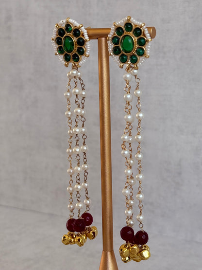 Ayura Designs Noorzar Earrings – Duster Earrings with Emerald Green Stones, Ruby Red Beads & Pearl Chains