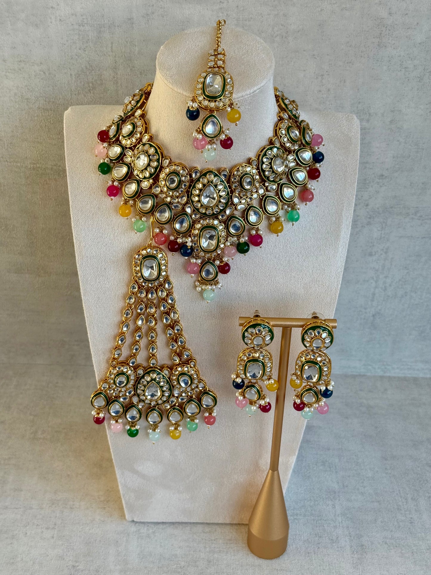 Ayura Designs Jashan Set with Necklace, Earrings, Tikka & Passa – Kundan Detailing, Pearl Drops & Multicolour Beads