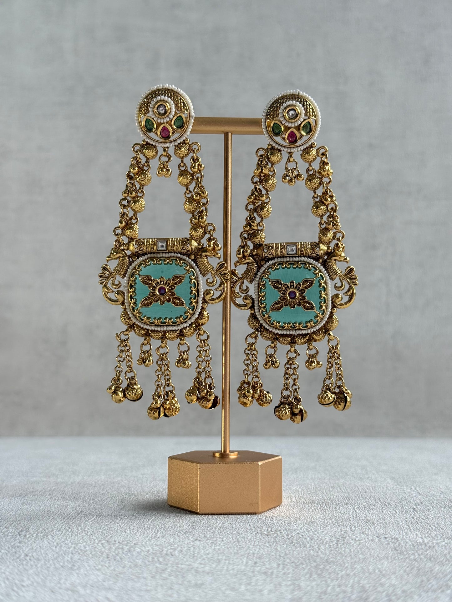 Ayura Designs Hazar Earrings – Gold Peacock Design with Mint Green Enamel, Multicoloured Stones, Pearl Beading & Ghungroo Detailing