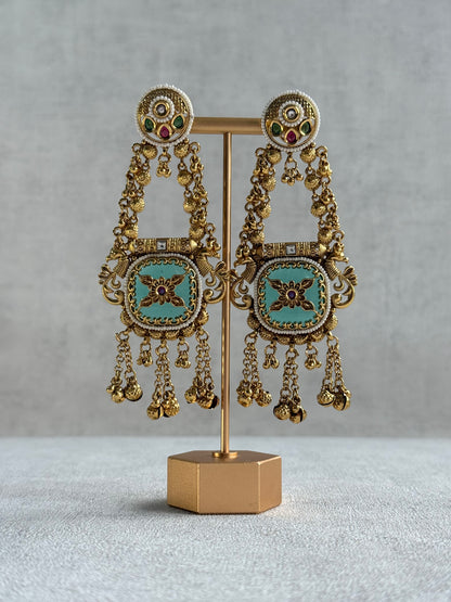 Ayura Designs Hazar Earrings – Gold Peacock Design with Mint Green Enamel, Multicoloured Stones, Pearl Beading & Ghungroo Detailing