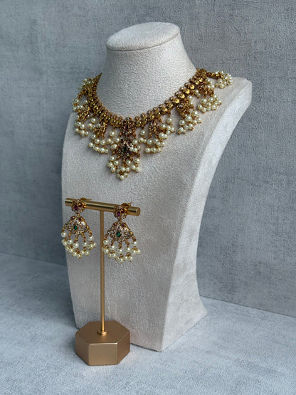 Ayura Designs Tanvi Set – Antique Gold Necklace & Earrings with Kundan, Ruby, Emerald & Pearl Detailing