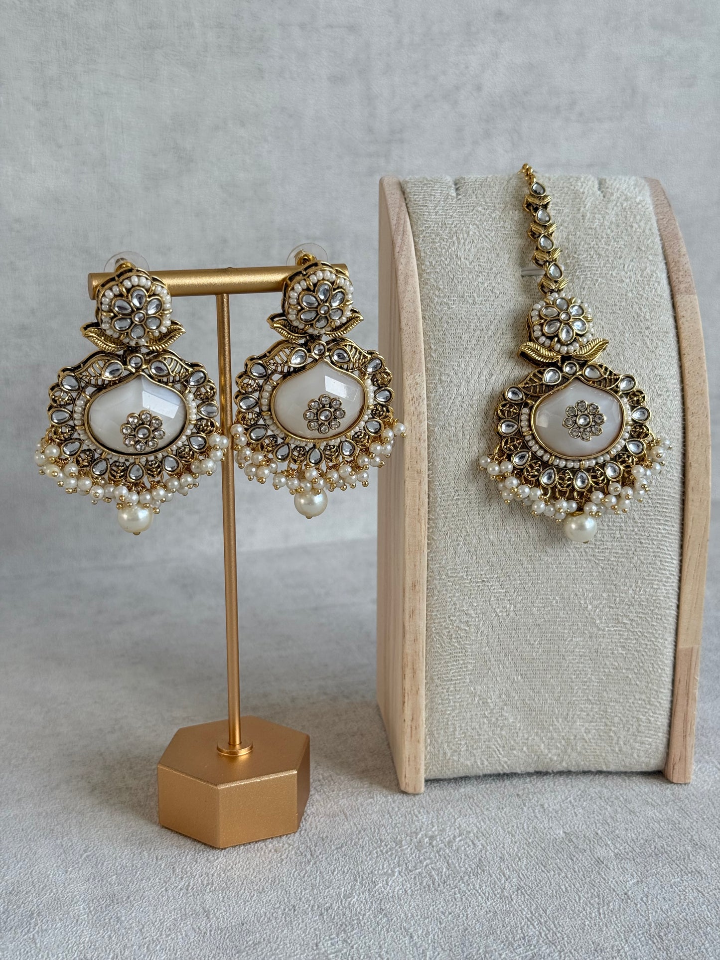 Ayura Designs Asra Tikka Set with Earrings – Ivory Stone, Kundan & Pearl Detailing