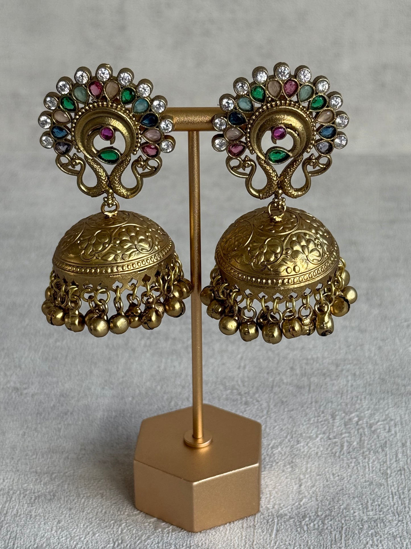 Ayura Designs Moraya Jhumkis – Multicolour Peacock Motif with Antique Gold Detailing