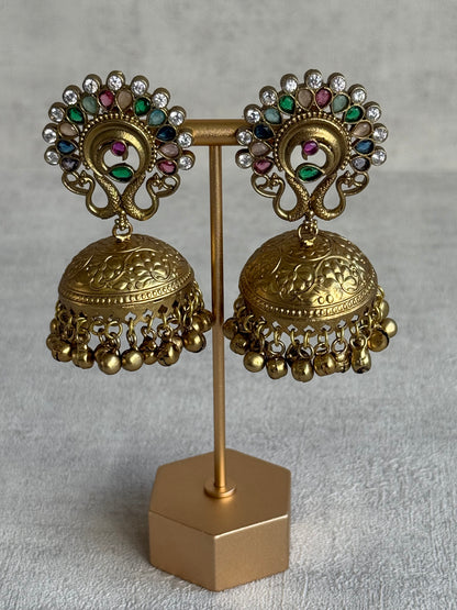 Ayura Designs Moraya Jhumkis – Multicolour Peacock Motif with Antique Gold Detailing
