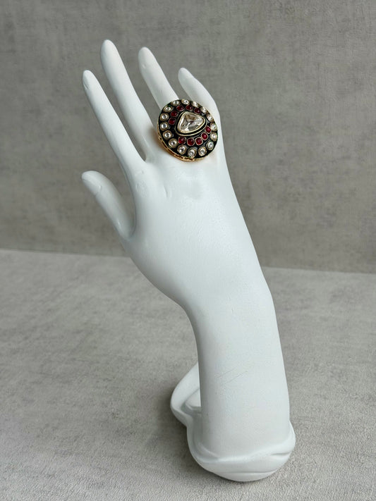 Ayura Designs Firdos Adjustable Ring – Mirror-Cut Stone Statement Ring with Green Enamel & Ruby Pink Detailing