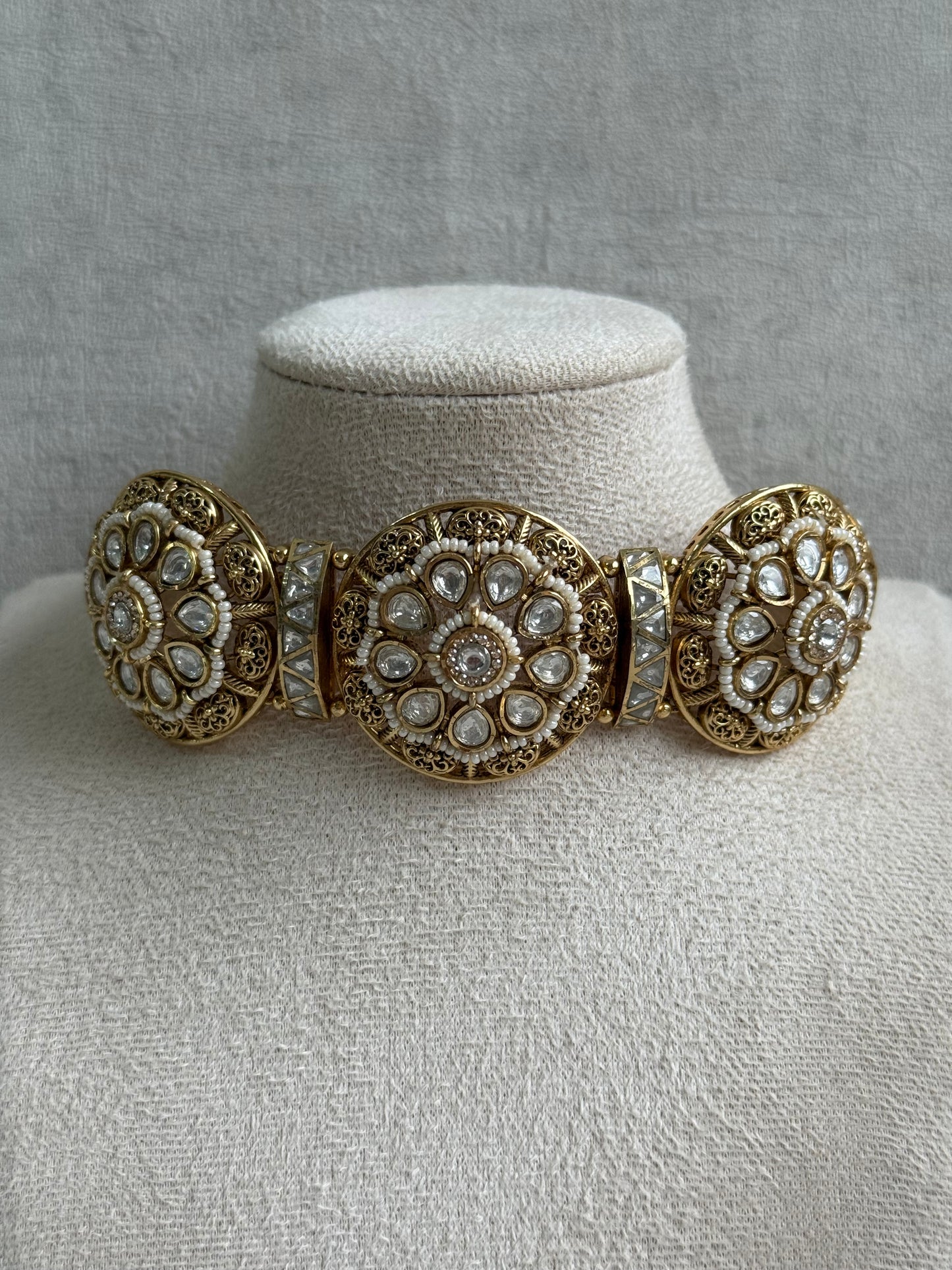 Ayura Designs Tanu Choker Set – Antique Gold Choker & Jhumkis with Kundan, Pearl Borders & Filigree Detailing