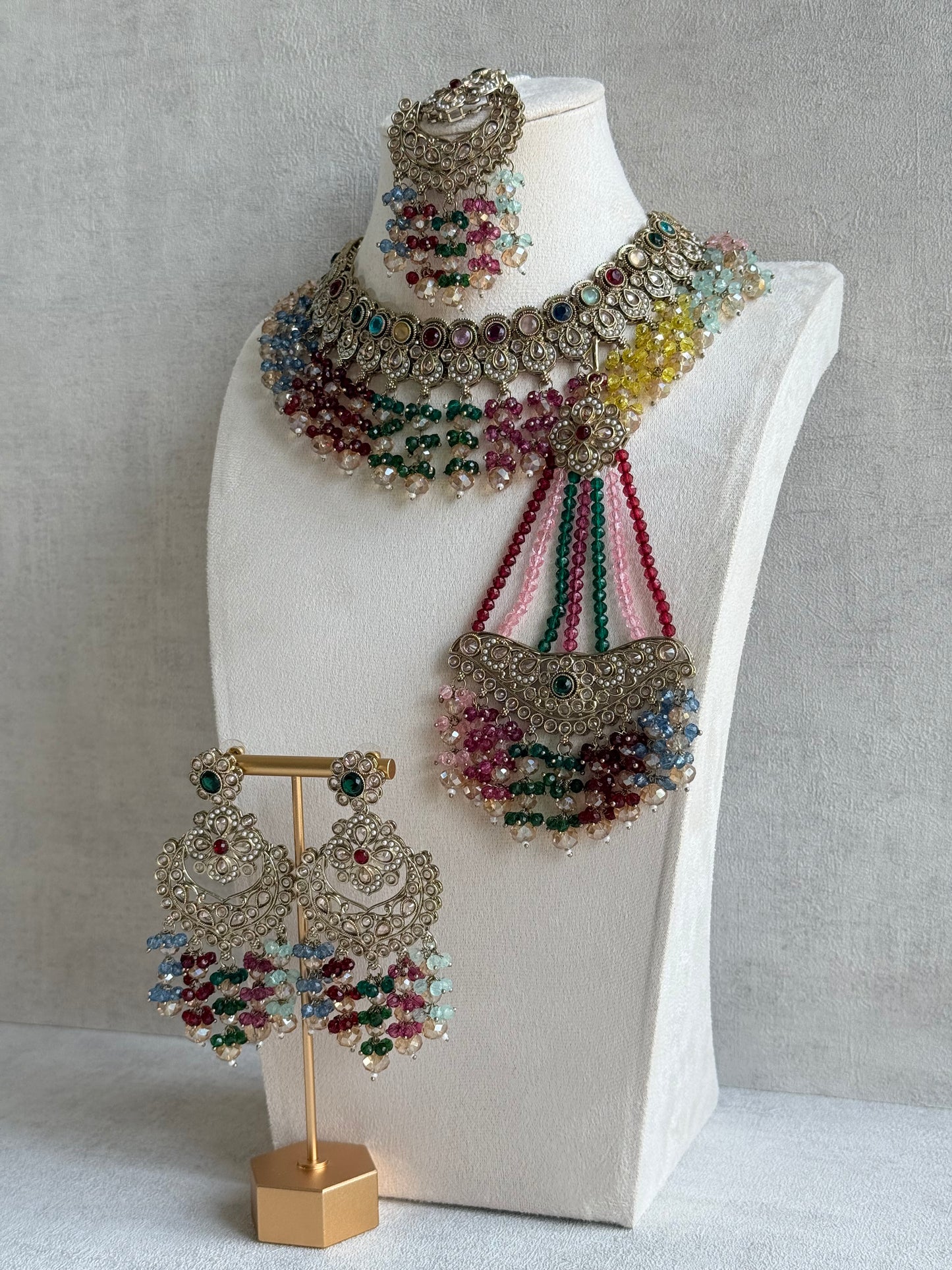 Ayura Designs Dilnaz Necklace Set with Earrings, Tikka & Passa – Multicolour Crystal Beads & Antique Gold Finish