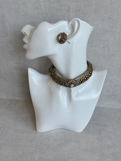 Ayura Designs Genevieve Choker Set with Studs – Blush Pink Crystal Kundan in Antique Gold