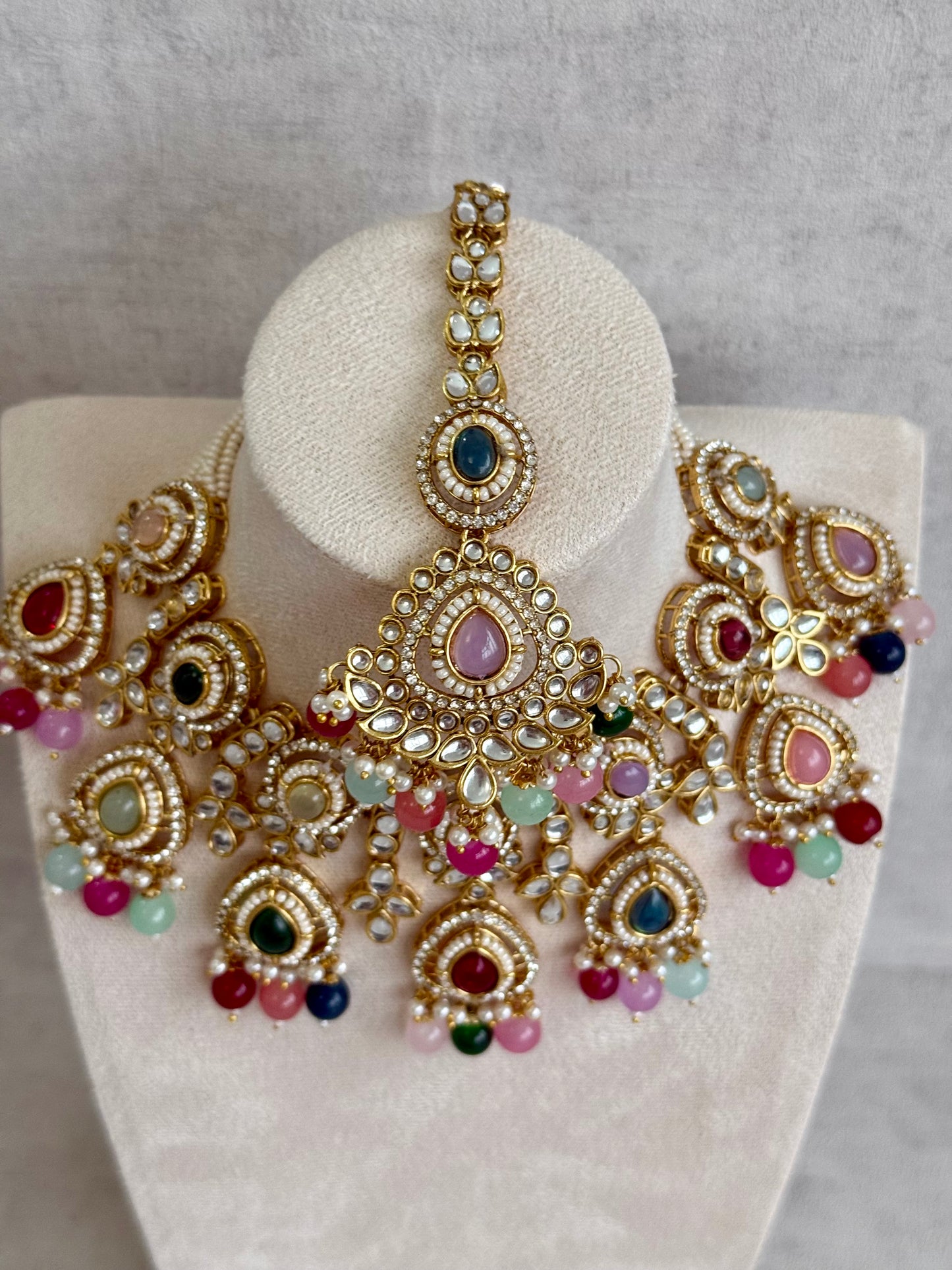 Ayura Designs Janvi Set with Necklace, Earrings & Tikka – Kundan Detailing, Multicolour Beads & Pearl Drops