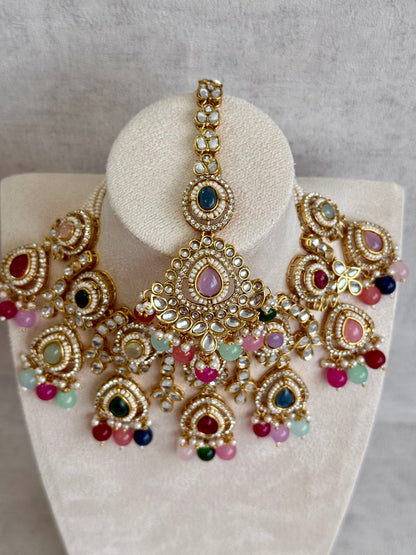 Ayura Designs Janvi Set with Necklace, Earrings & Tikka – Kundan Detailing, Multicolour Beads & Pearl Drops
