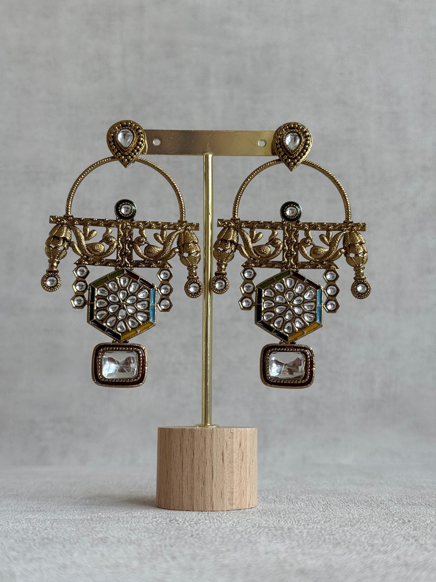 Ayura Designs Irene Earrings – Multicolour Kundan, Meenakari & Crystal Peacock Chandeliers in Gold