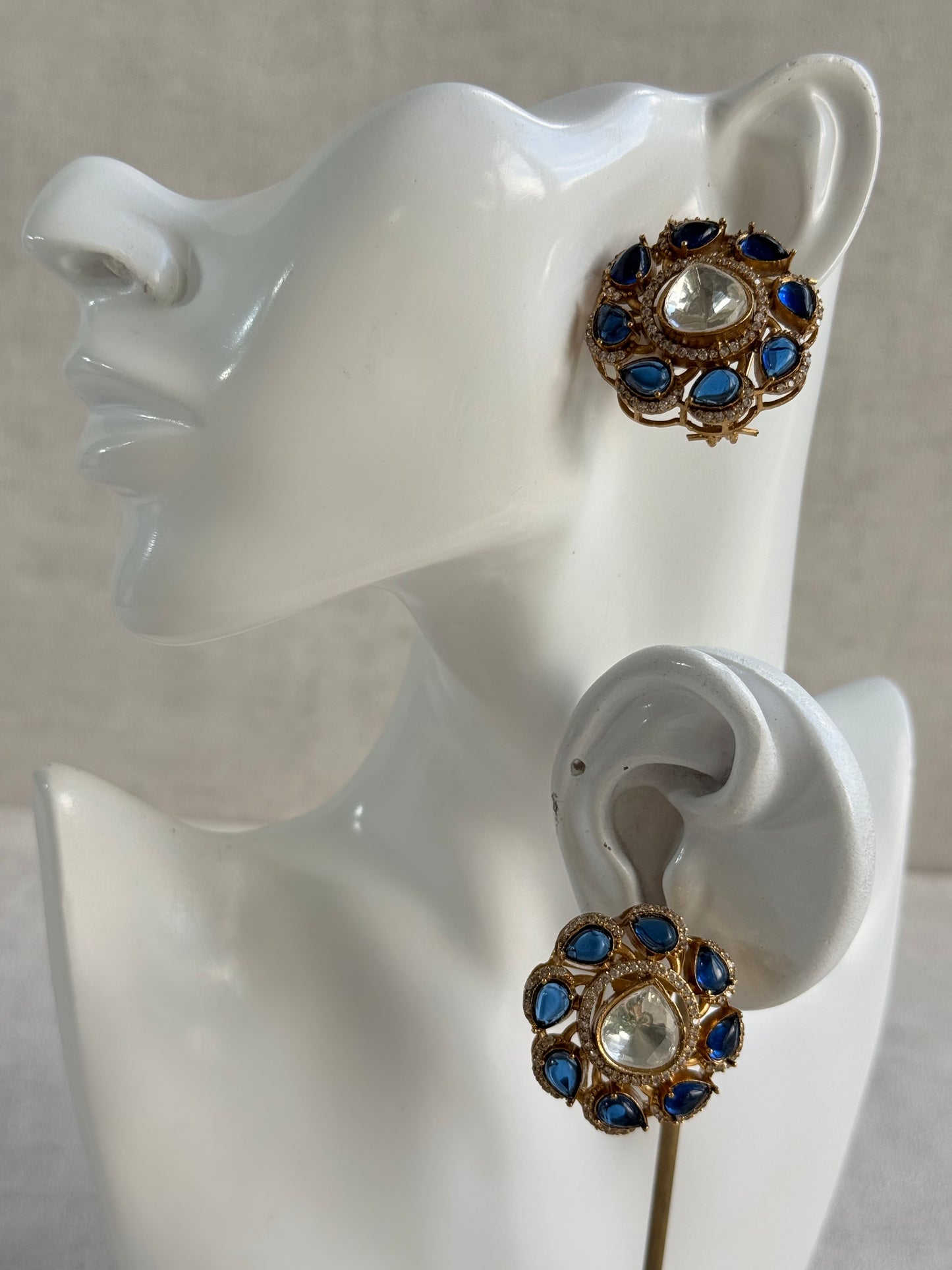 Ayura Designs Giana Stud Earrings – Sapphire Blue & Crystal Kundan with Gold Finish