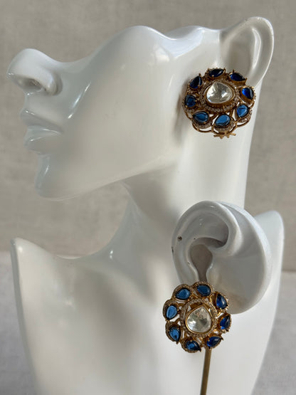 Ayura Designs Giana Stud Earrings – Sapphire Blue & Crystal Kundan with Gold Finish
