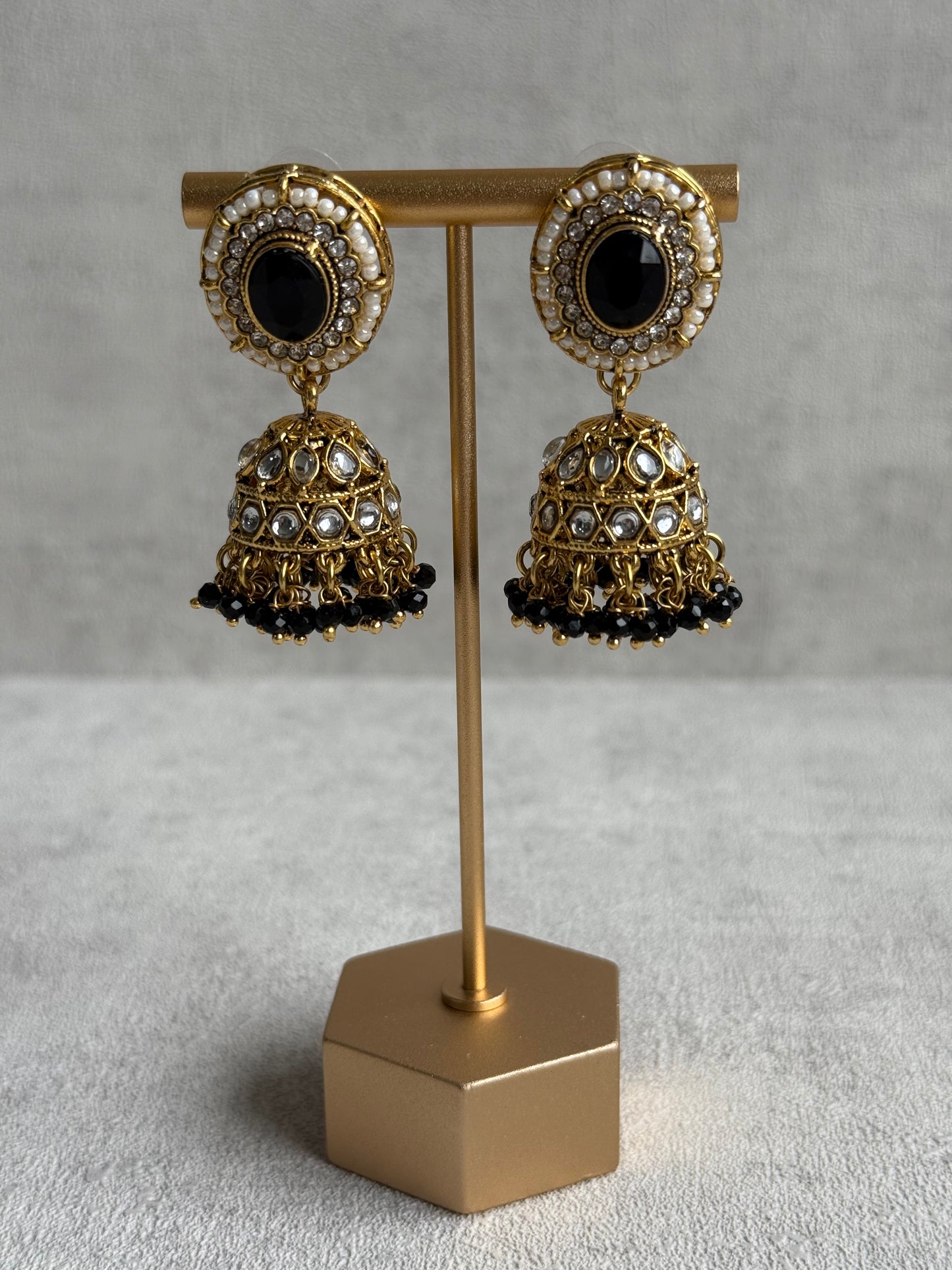 Ayura Designs Muskaan Set – Choker, Jhumkis & Tikka with Black Beads, Kundan Stones & Antique Gold Finish