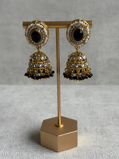 Ayura Designs Muskaan Set – Choker, Jhumkis & Tikka with Black Beads, Kundan Stones & Antique Gold Finish