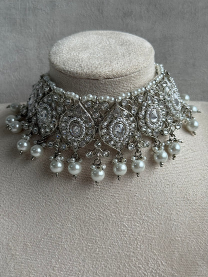 Ayura Designs Palki Set – Choker, Earrings & Tikka with Mirror-Cut Stones, Pearl Detailing & Silver Finish