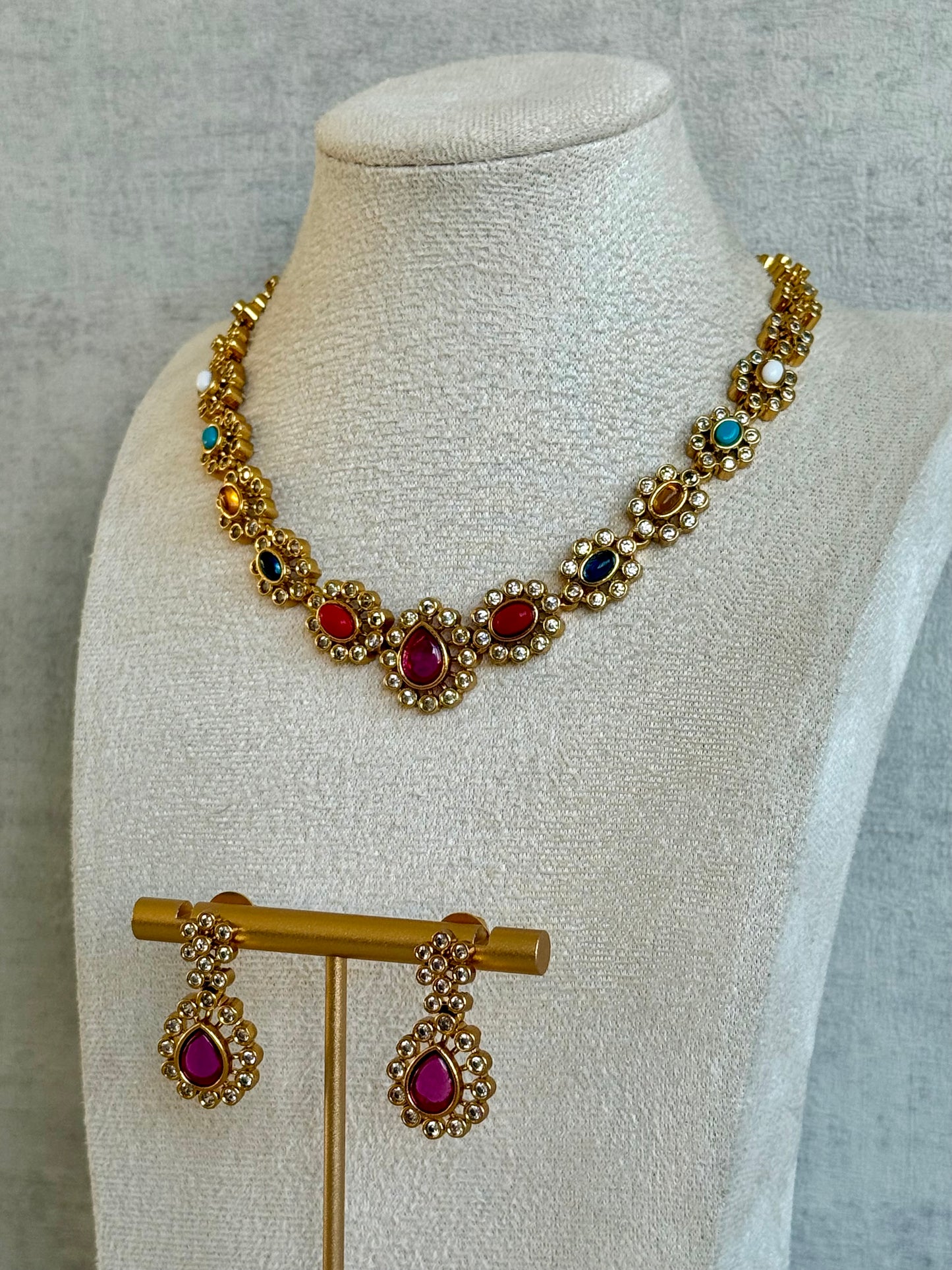 Ayura Designs Maanya Set with Earrings – Multicolour Stones with Rani Pink Centre & Crystal Detailing