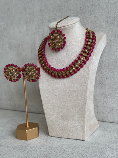 Ayura Designs Hala Set with Tikka & Studs – Magenta Beads & Champagne Kundan