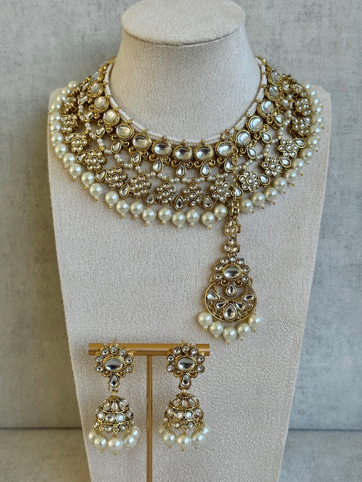 Ayura Designs Tehzeeb Set – Necklace, Tikka & Jhumkas in Antique Gold and Pearls