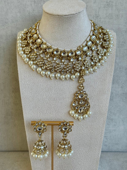 Ayura Designs Tehzeeb Set – Necklace, Tikka & Jhumkas in Antique Gold and Pearls