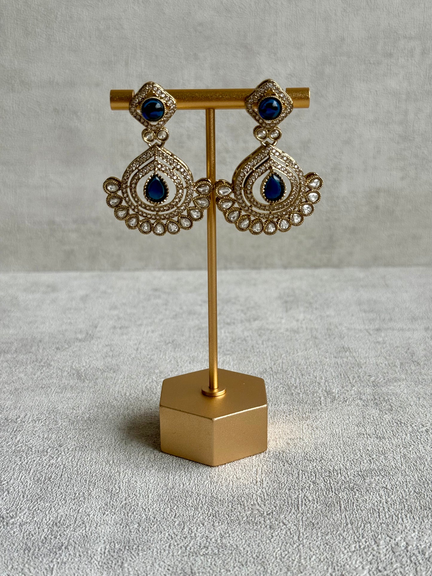 Ayura Designs Sahira Set – Necklace, Earrings & Tikka with Sapphire Blue Stones, Mirror-Cut Detailing & Antique Gold Finish