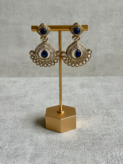 Ayura Designs Sahira Set – Necklace, Earrings & Tikka with Sapphire Blue Stones, Mirror-Cut Detailing & Antique Gold Finish