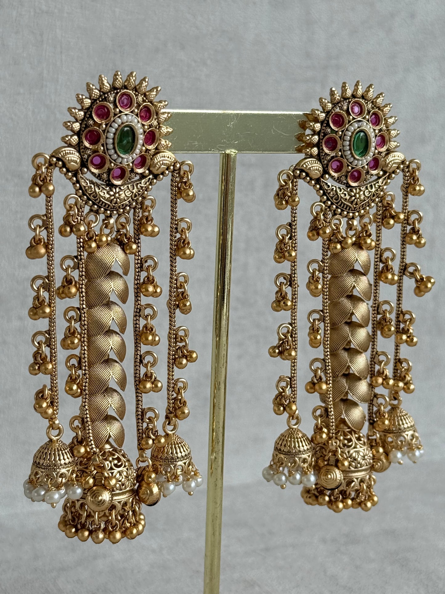 Ayura Designs Ishya Jhumkis – Gold Ghungroo Chain Earrings with Ruby Pink & Green Kundan