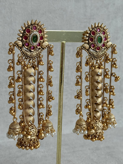 Ayura Designs Ishya Jhumkis – Gold Ghungroo Chain Earrings with Ruby Pink & Green Kundan